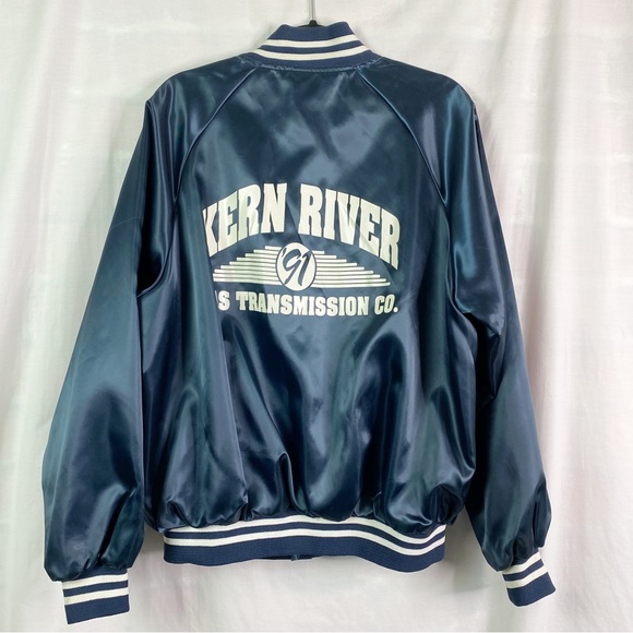 Vintage 1991 Navy Blue Satin Baseball Bomber Jacket Striped Trim XL - Picture 3 of 6